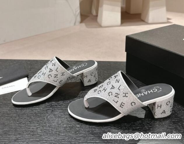 Grade Quality Chanel Crystals Heel Thong Slide Sandals 4.5cm with Letters Silver 424161