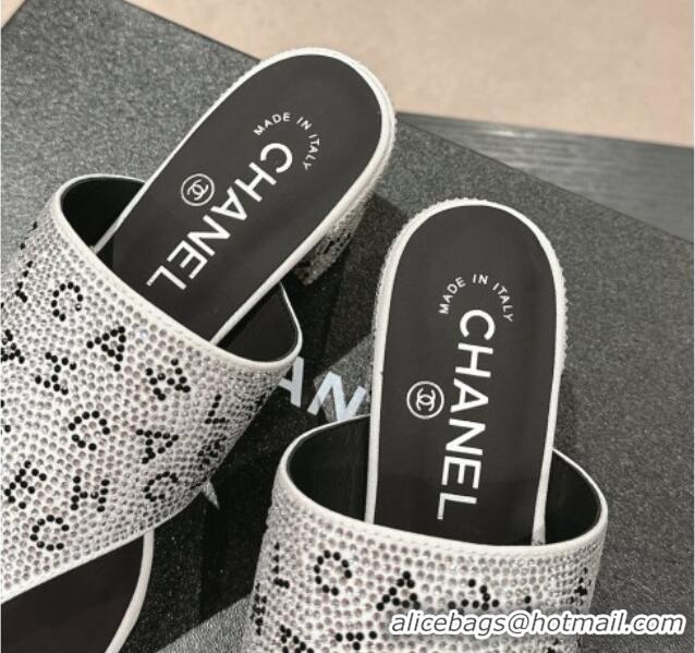 Grade Quality Chanel Crystals Heel Thong Slide Sandals 4.5cm with Letters Silver 424161