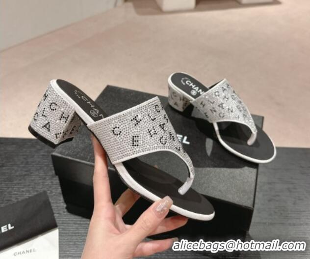 Grade Quality Chanel Crystals Heel Thong Slide Sandals 4.5cm with Letters Silver 424161