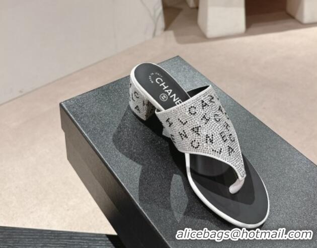 Grade Quality Chanel Crystals Heel Thong Slide Sandals 4.5cm with Letters Silver 424161