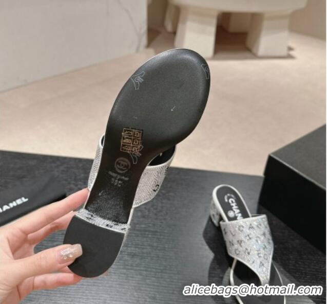 Grade Quality Chanel Crystals Heel Thong Slide Sandals 4.5cm with Letters Silver 424161