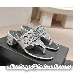 Best Price Chanel Crystals Heel Thong Slide Sandals 4.5cm with Letters Silver 424163