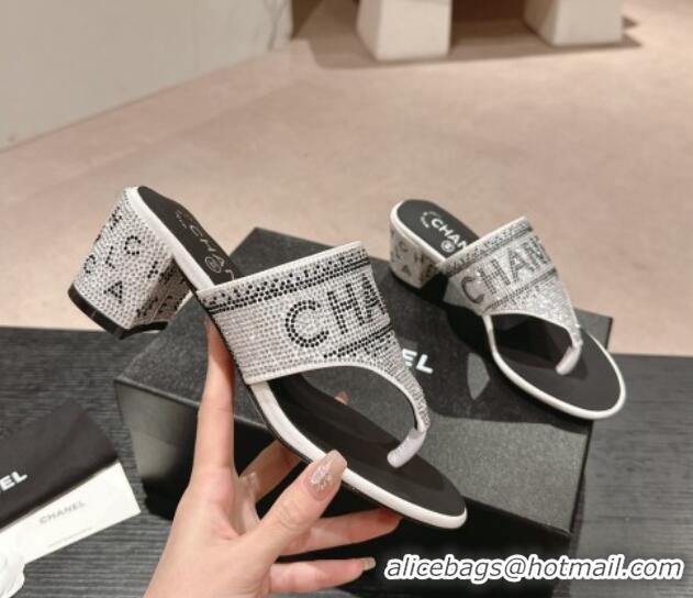 Best Price Chanel Crystals Heel Thong Slide Sandals 4.5cm with Letters Silver 424163