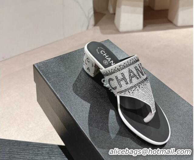 Best Price Chanel Crystals Heel Thong Slide Sandals 4.5cm with Letters Silver 424163