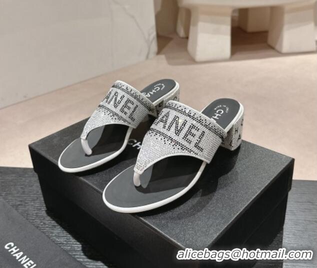 Best Price Chanel Crystals Heel Thong Slide Sandals 4.5cm with Letters Silver 424163