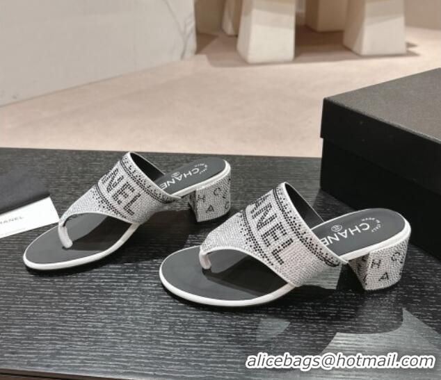 Best Price Chanel Crystals Heel Thong Slide Sandals 4.5cm with Letters Silver 424163