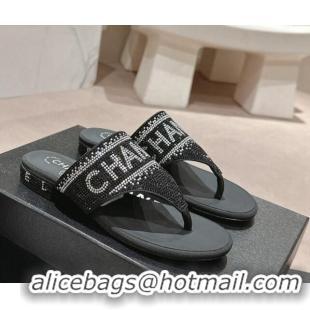 Top Design Chanel Crystals Flat Thong Slide Sandals with Logo Black 424164