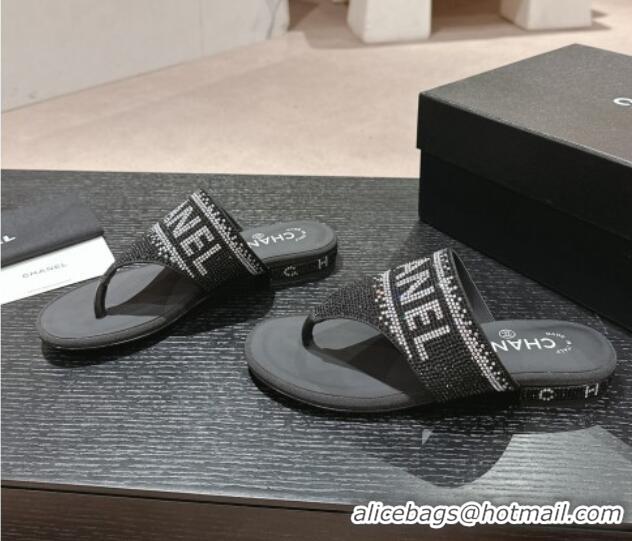 Top Design Chanel Crystals Flat Thong Slide Sandals with Logo Black 424164