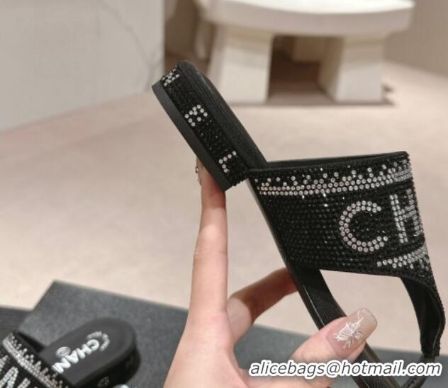 Top Design Chanel Crystals Flat Thong Slide Sandals with Logo Black 424164