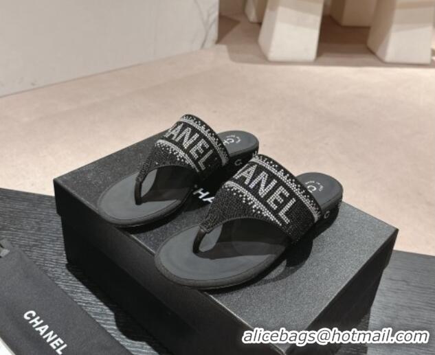 Top Design Chanel Crystals Flat Thong Slide Sandals with Logo Black 424164