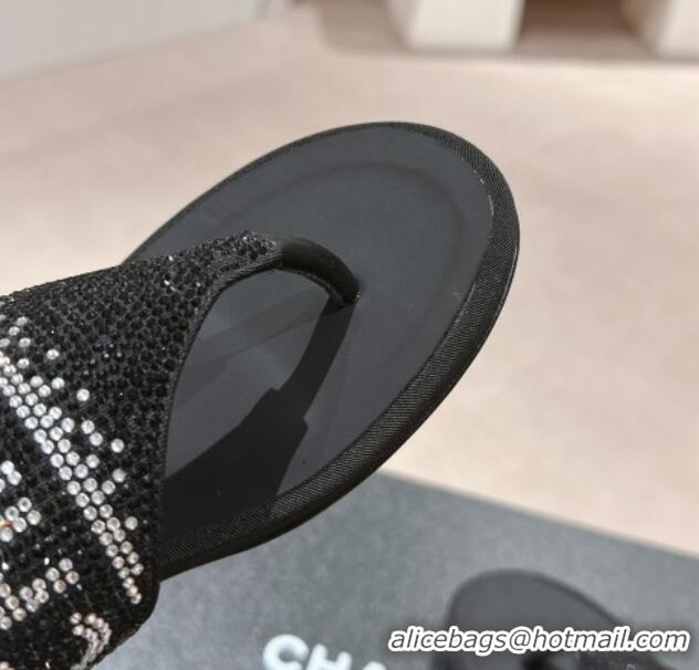 Top Design Chanel Crystals Flat Thong Slide Sandals with Logo Black 424164