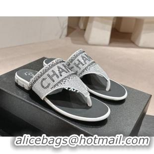 Best Grade Chanel Crystals Flat Thong Slide Sandals with Logo Silver 424165