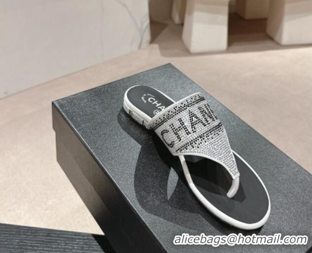 Best Grade Chanel Crystals Flat Thong Slide Sandals with Logo Silver 424165