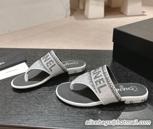 Best Grade Chanel Crystals Flat Thong Slide Sandals with Logo Silver 424165