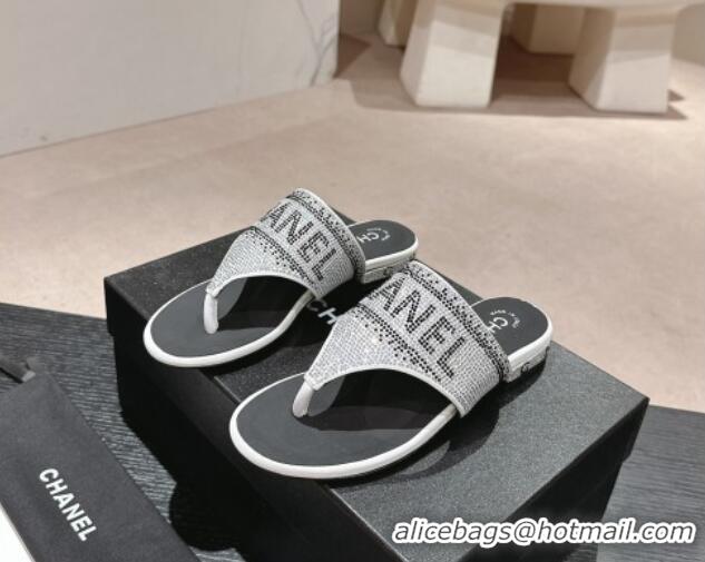 Best Grade Chanel Crystals Flat Thong Slide Sandals with Logo Silver 424165