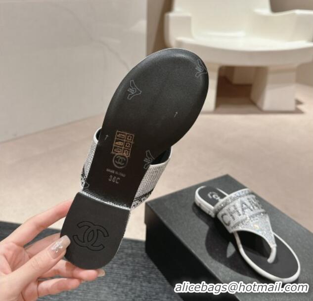 Best Grade Chanel Crystals Flat Thong Slide Sandals with Logo Silver 424165