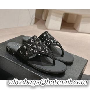 Cheap Price Chanel Crystals Flat Thong Slide Sandals with Letters Black 424166