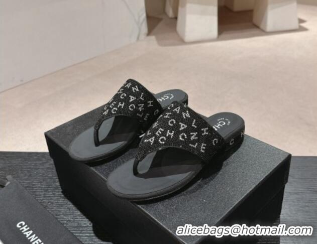 Cheap Price Chanel Crystals Flat Thong Slide Sandals with Letters Black 424166