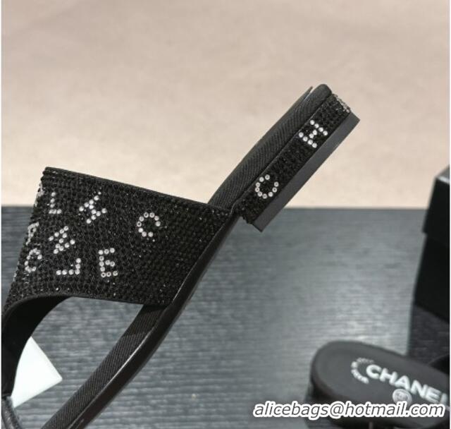 Cheap Price Chanel Crystals Flat Thong Slide Sandals with Letters Black 424166