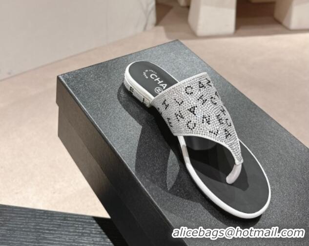 Most Popular Chanel Crystals Flat Thong Slide Sandals with Letters Silver 424167