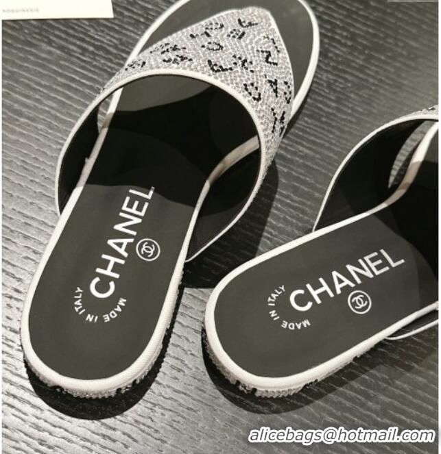 Most Popular Chanel Crystals Flat Thong Slide Sandals with Letters Silver 424167