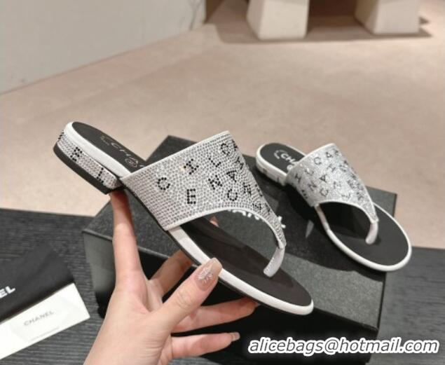 Most Popular Chanel Crystals Flat Thong Slide Sandals with Letters Silver 424167