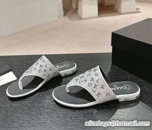 Most Popular Chanel Crystals Flat Thong Slide Sandals with Letters Silver 424167