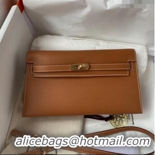 Inexpensive Hermes Kelly Elan Bag in Madame Leather 2201 Brown/Gold 2024(Half Handmade)