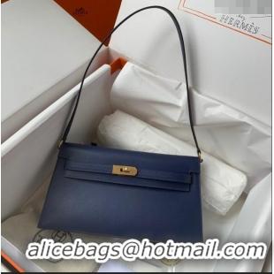 Top Design Hermes Kelly Elan Bag in Madame Leather 2201 Blue/Gold 2024 (Half Handmade)