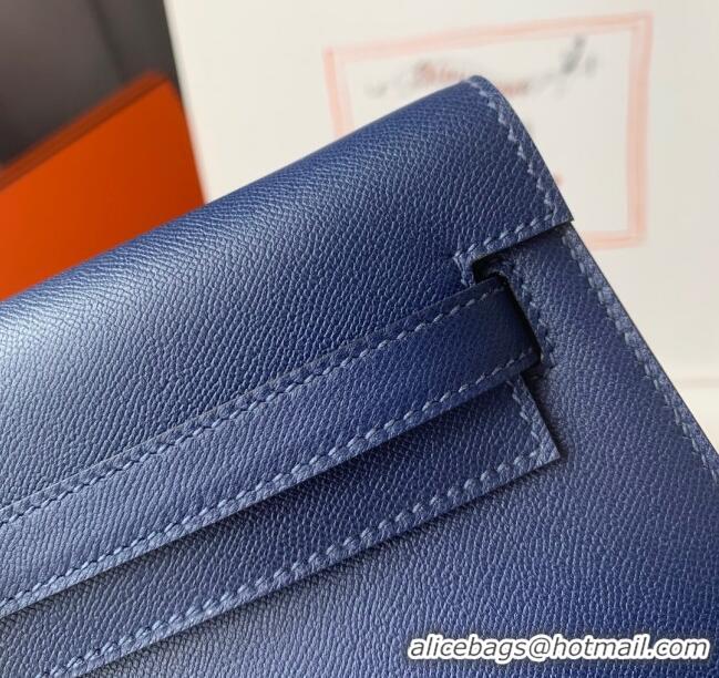 Top Design Hermes Kelly Elan Bag in Madame Leather 2201 Blue/Gold 2024 (Half Handmade)