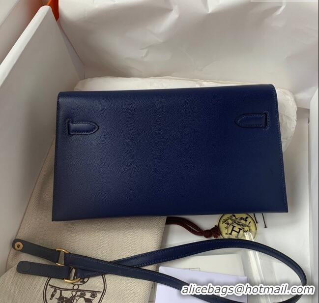 Top Design Hermes Kelly Elan Bag in Madame Leather 2201 Blue/Gold 2024 (Half Handmade)