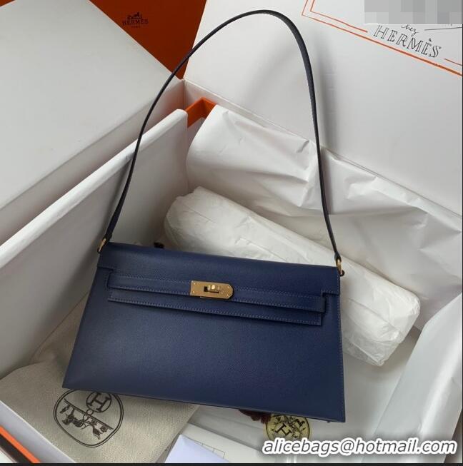 Top Design Hermes Kelly Elan Bag in Madame Leather 2201 Blue/Gold 2024 (Half Handmade)