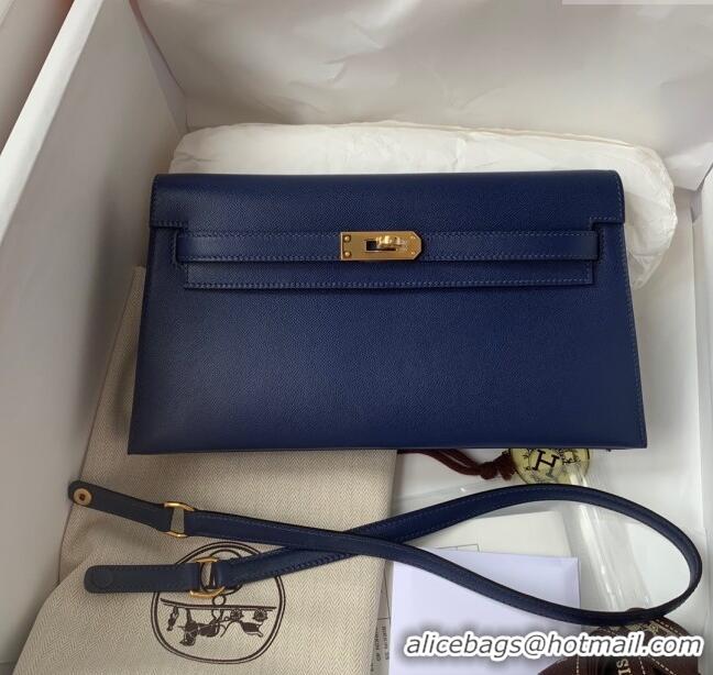 Top Design Hermes Kelly Elan Bag in Madame Leather 2201 Blue/Gold 2024 (Half Handmade)