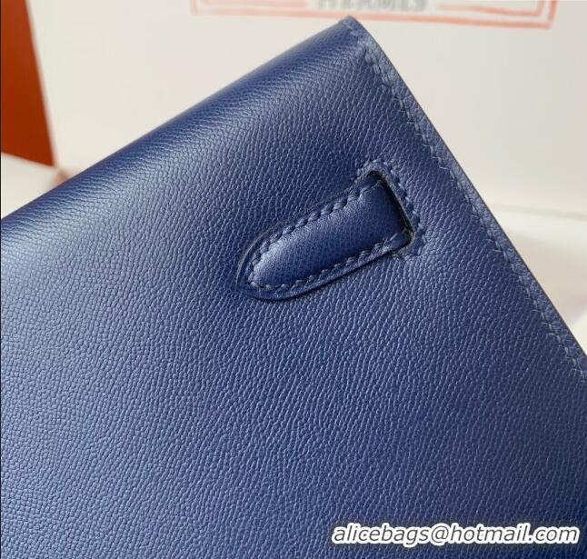 Top Design Hermes Kelly Elan Bag in Madame Leather 2201 Blue/Gold 2024 (Half Handmade)