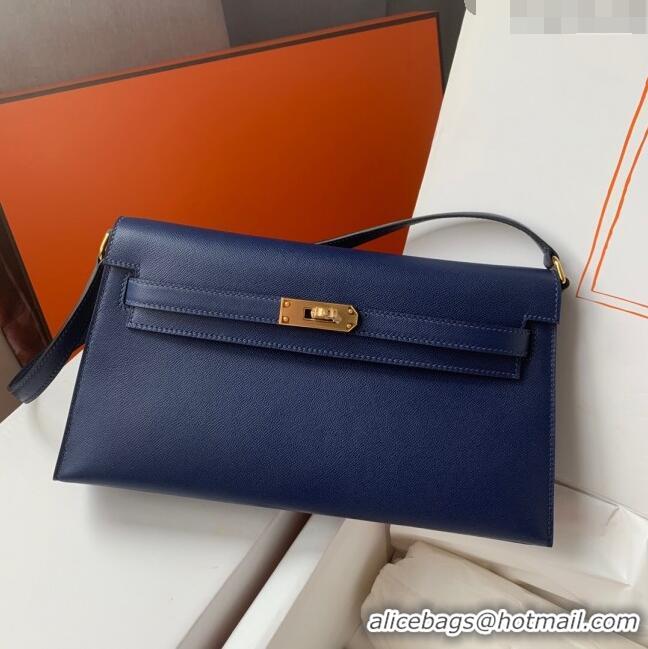 Top Design Hermes Kelly Elan Bag in Madame Leather 2201 Blue/Gold 2024 (Half Handmade)