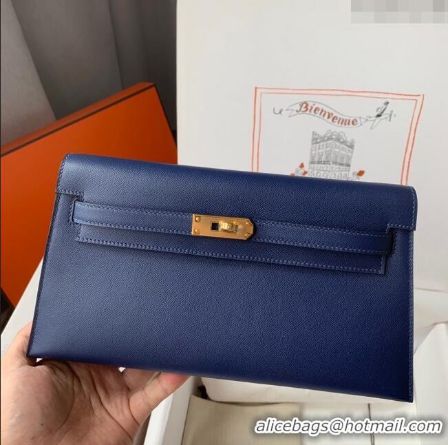 Top Design Hermes Kelly Elan Bag in Madame Leather 2201 Blue/Gold 2024 (Half Handmade)