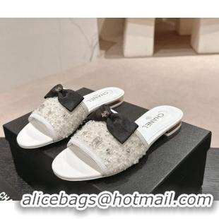 Purchase Chanel Fabric Flat Slide Sandals with Bow and Crystals G45691 White 0424168