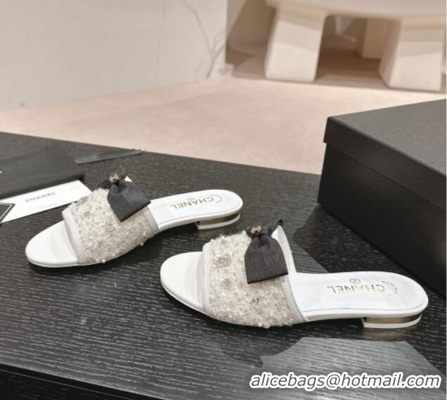 Purchase Chanel Fabric Flat Slide Sandals with Bow and Crystals G45691 White 0424168