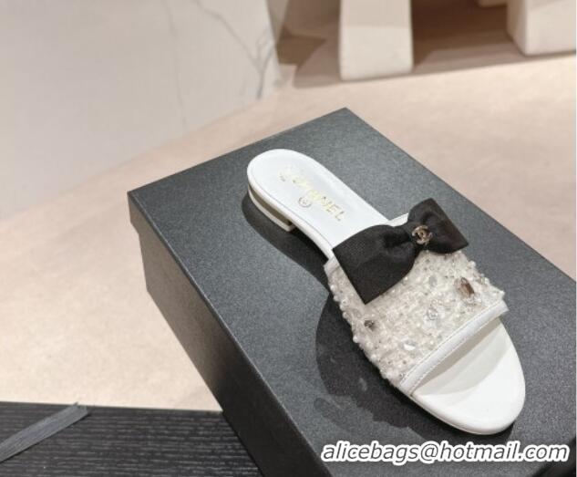 Purchase Chanel Fabric Flat Slide Sandals with Bow and Crystals G45691 White 0424168