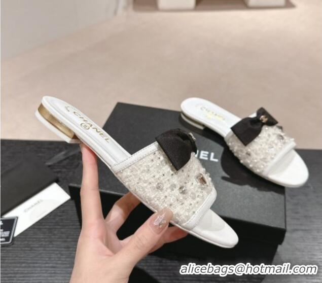 Purchase Chanel Fabric Flat Slide Sandals with Bow and Crystals G45691 White 0424168