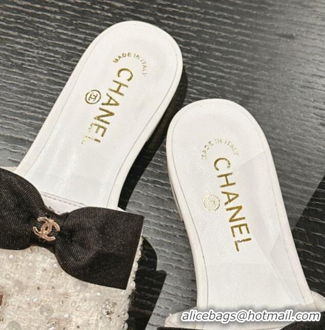 Purchase Chanel Fabric Flat Slide Sandals with Bow and Crystals G45691 White 0424168