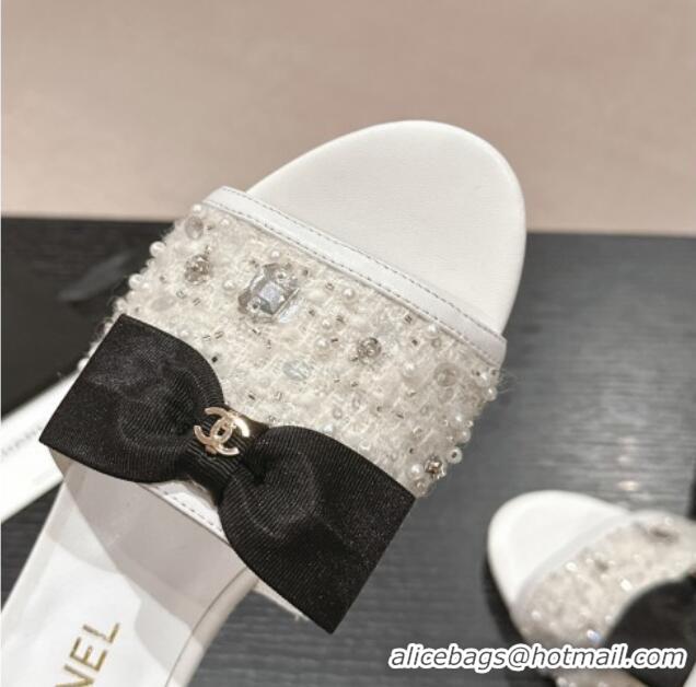 Purchase Chanel Fabric Flat Slide Sandals with Bow and Crystals G45691 White 0424168