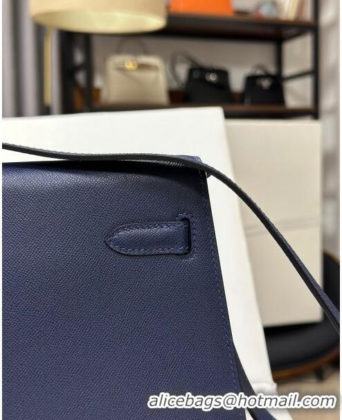 Super Quality Hermes Kelly Elan Bag in Madame Leather 2201 Blue/Silver 2024 (Half Handmade)