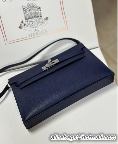 Super Quality Hermes Kelly Elan Bag in Madame Leather 2201 Blue/Silver 2024 (Half Handmade)