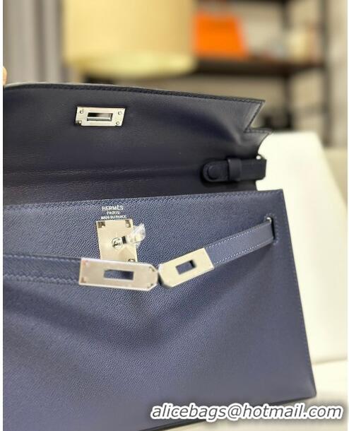 Super Quality Hermes Kelly Elan Bag in Madame Leather 2201 Blue/Silver 2024 (Half Handmade)