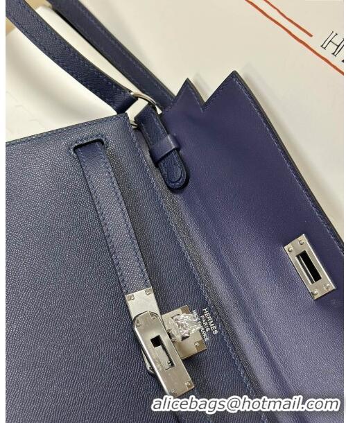 Super Quality Hermes Kelly Elan Bag in Madame Leather 2201 Blue/Silver 2024 (Half Handmade)