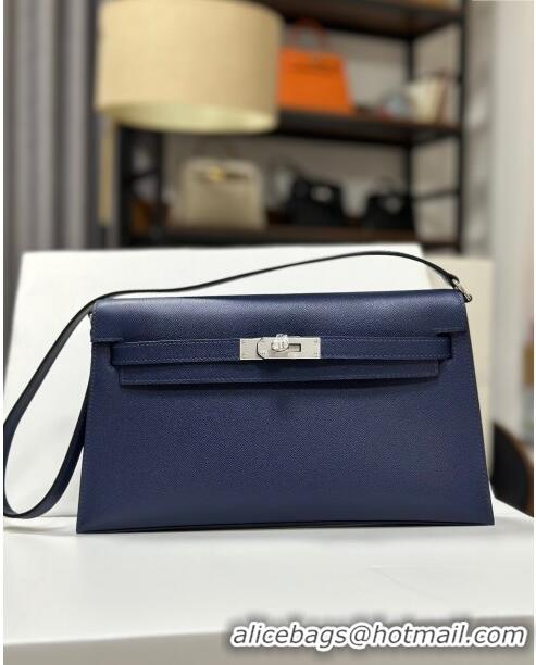 Super Quality Hermes Kelly Elan Bag in Madame Leather 2201 Blue/Silver 2024 (Half Handmade)