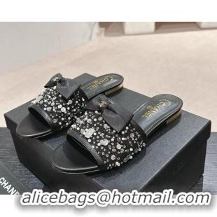 Low Cost Chanel Fabric Flat Slide Sandals with Bow and Crystals G45691 Black 424169