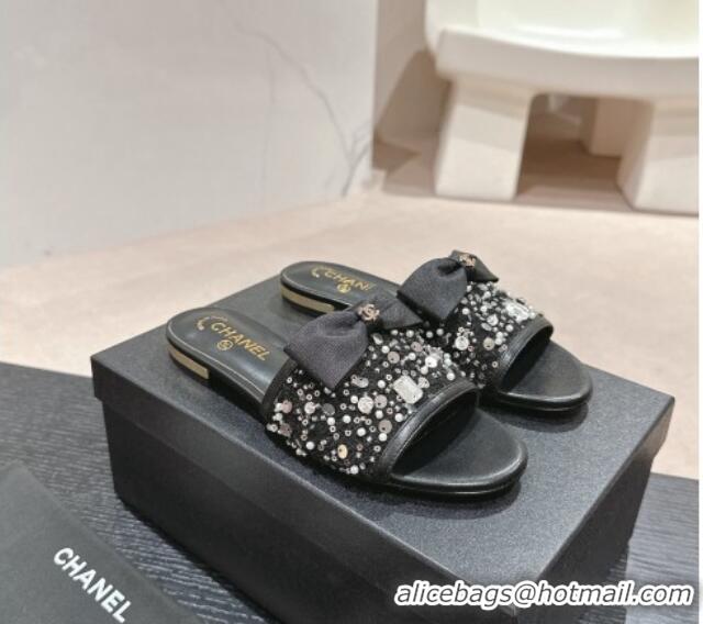 Low Cost Chanel Fabric Flat Slide Sandals with Bow and Crystals G45691 Black 424169