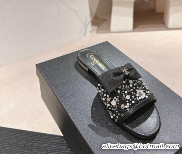 Low Cost Chanel Fabric Flat Slide Sandals with Bow and Crystals G45691 Black 424169